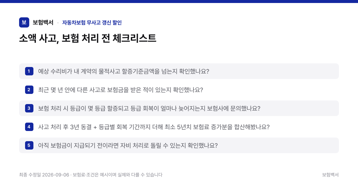소액 사고, 보험 처리 전 체크리스트 — 자동차보험 무사고 갱신 할인 정리 이미지