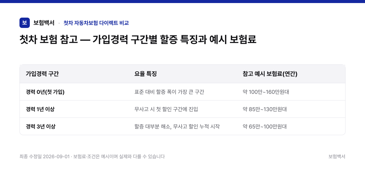 첫차 보험 참고 — 가입경력 구간별 할증 특징과 예시 보험료 — 첫차 자동차보험 다이렉트 비교 비교표