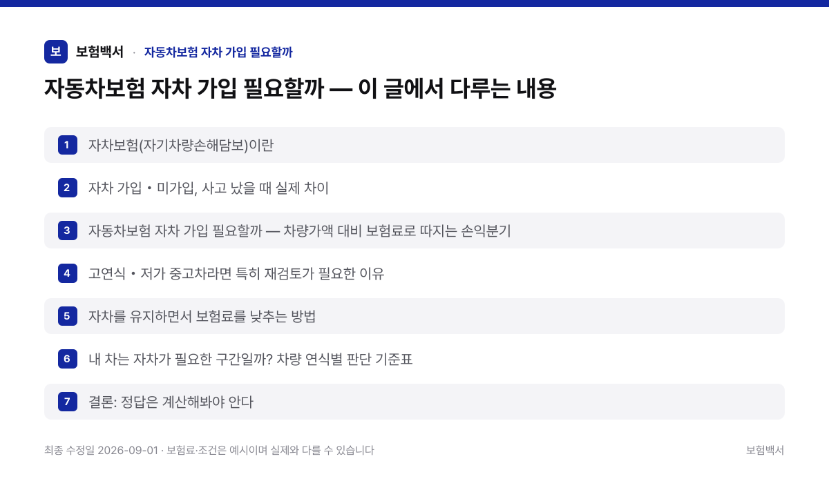 자동차보험 자차 가입 필요할까 — 이 글에서 다루는 내용 — 자동차보험 자차 가입 필요할까 정리 이미지