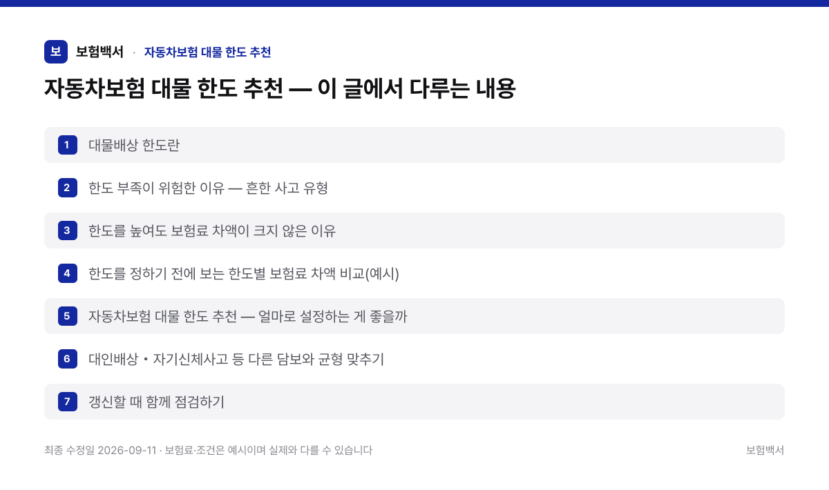 자동차보험 대물 한도 추천 — 이 글에서 다루는 내용 — 자동차보험 대물 한도 추천 정리 이미지