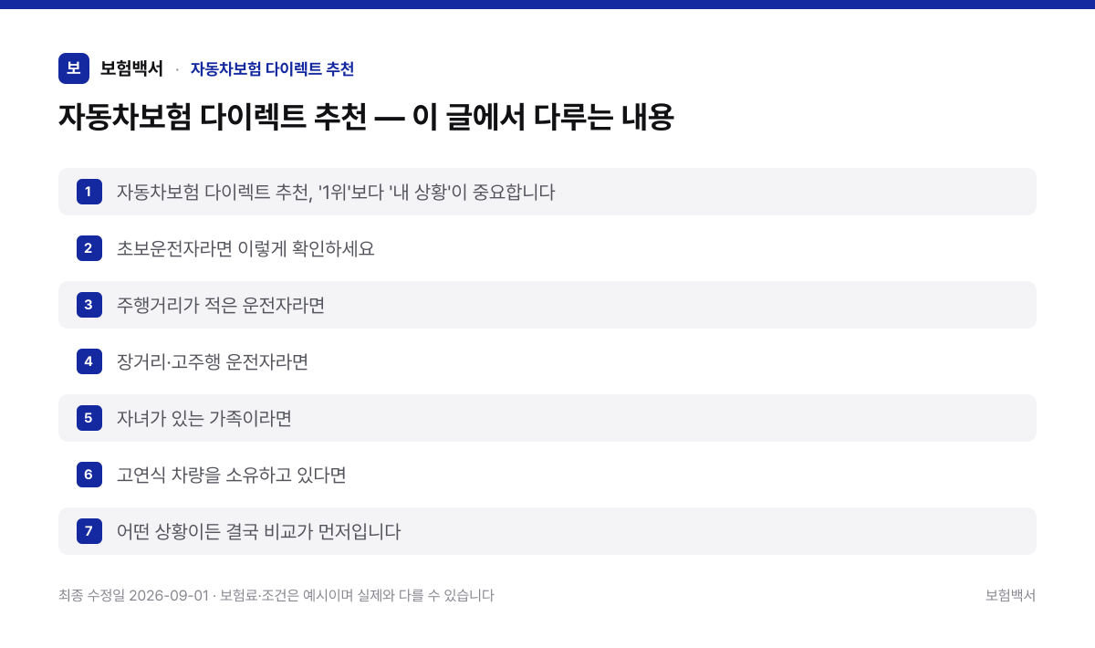 자동차보험 다이렉트 추천 — 이 글에서 다루는 내용 — 자동차보험 다이렉트 추천 정리 이미지