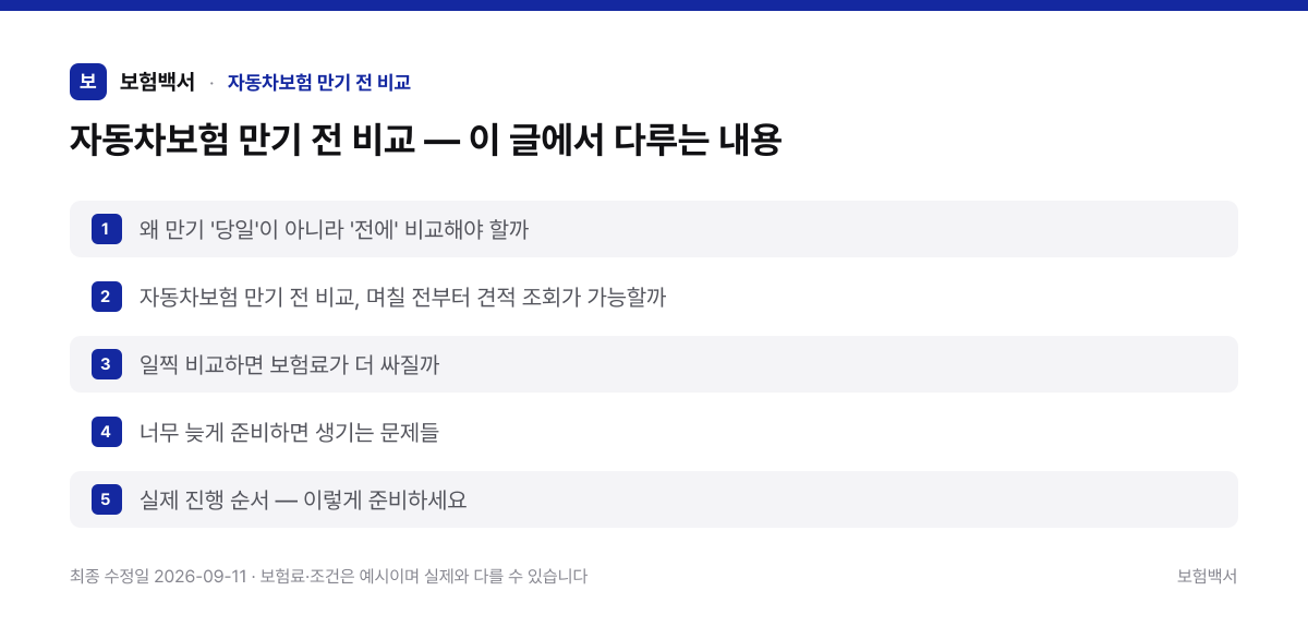 자동차보험 만기 전 비교 — 이 글에서 다루는 내용 — 자동차보험 만기 전 비교 정리 이미지