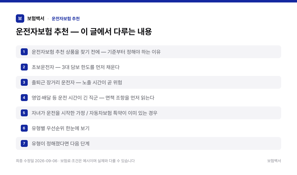 운전자보험 추천 — 이 글에서 다루는 내용 — 운전자보험 추천 정리 이미지