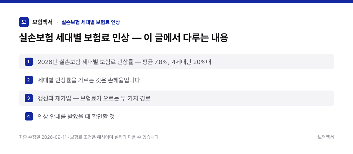 실손보험 세대별 보험료 인상 — 이 글에서 다루는 내용 — 실손보험 세대별 보험료 인상 정리 이미지