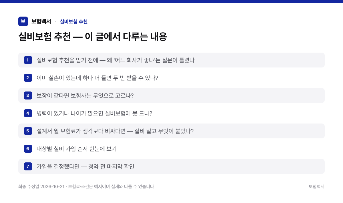 실비보험 추천 — 이 글에서 다루는 내용 — 실비보험 추천 정리 이미지