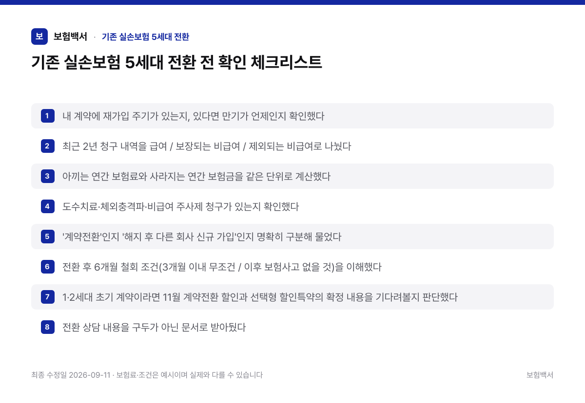 기존 실손보험 5세대 전환 전 확인 체크리스트 — 기존 실손보험 5세대 전환 정리 이미지