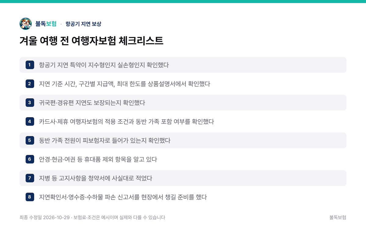 겨울 여행 전 여행자보험 체크리스트 — 항공기 지연 보상 정리 이미지