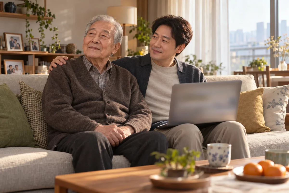 거실 소파에서 70대 아버지와 함께 앉은 아들이 노트북으로 가입된 보험 목록을 조회하고 있다