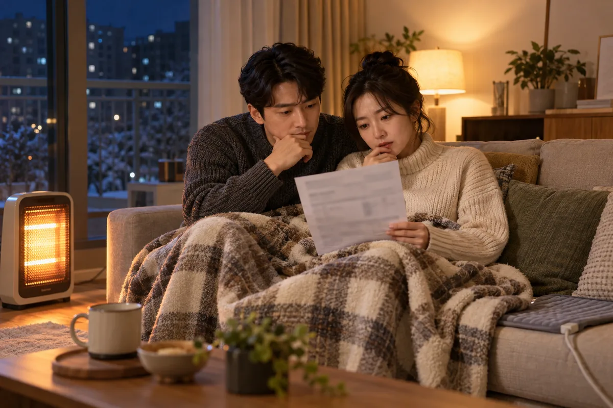 겨울 저녁 아파트 거실에서 부부가 전기히터 옆 소파에 앉아 관리비 고지서의 화재보험료 항목을 함께 들여다보고 있다.