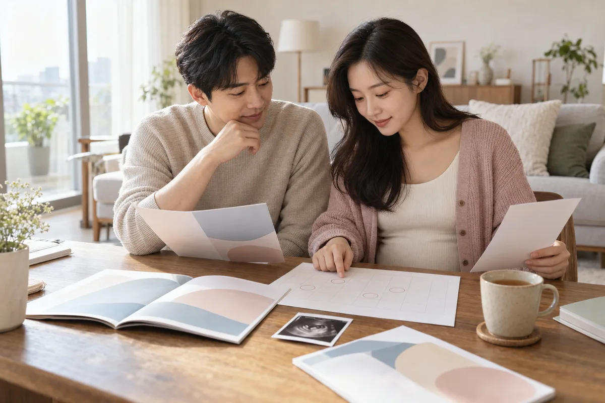임신 초기의 여성이 거실 탁자에서 남편과 함께 태아보험 상품설명서와 임신 주수 달력을 펼쳐 보고 있다.