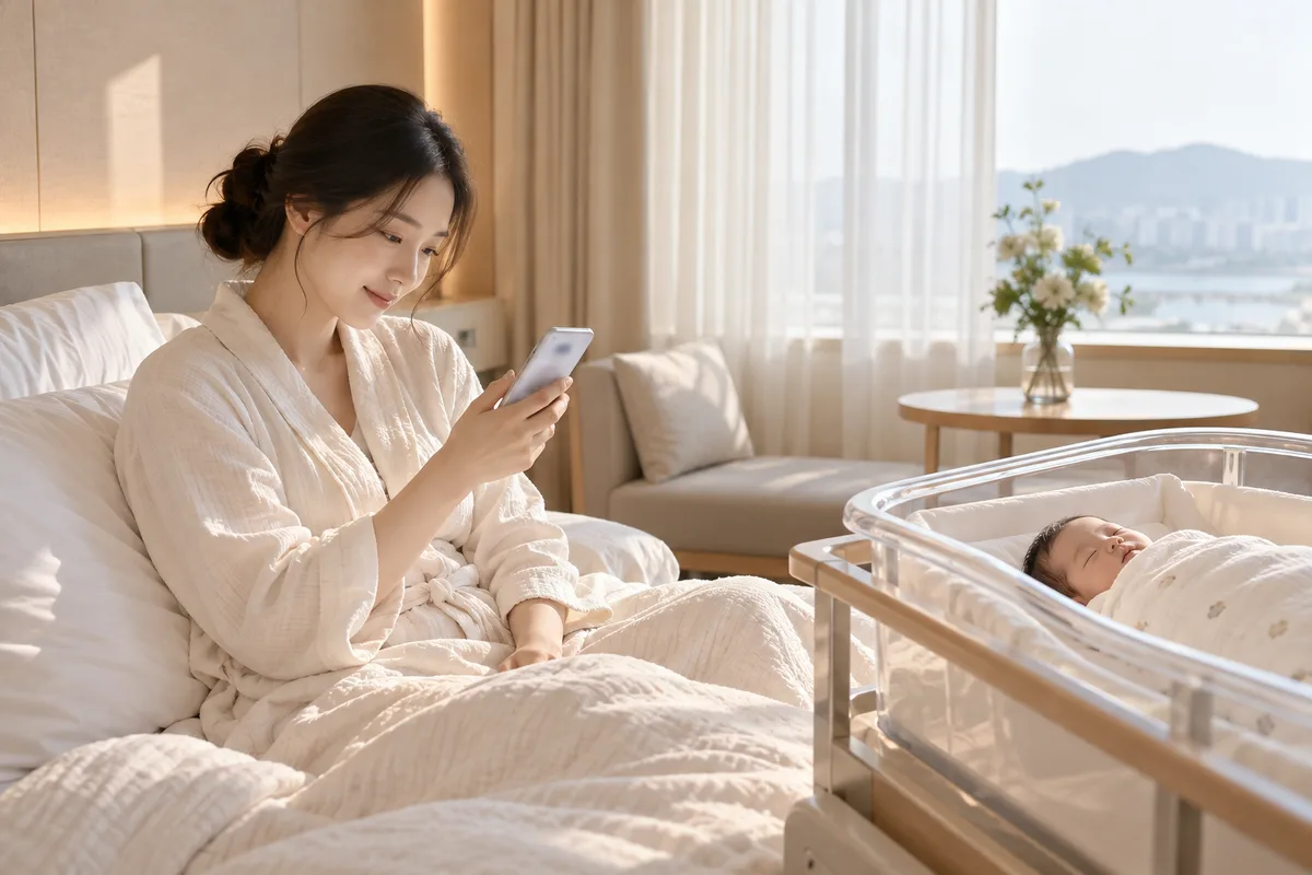 산후조리 중인 엄마가 침대 옆에 신생아를 눕혀 두고 스마트폰으로 보험사 앱의 자녀 등재 화면을 확인하고 있다.