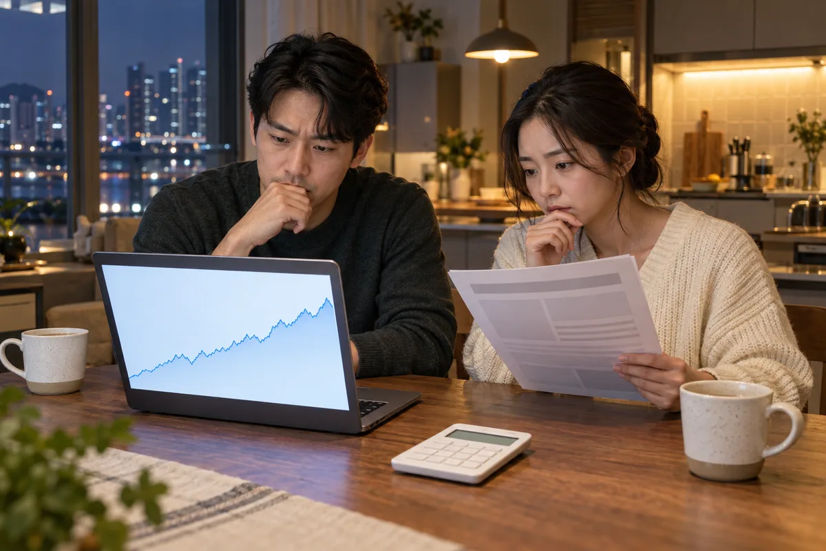 30대 부부가 저녁 식탁에서 노트북의 주가 그래프와 종신보험 증권을 번갈아 보며 해지 여부를 상의하는 장면