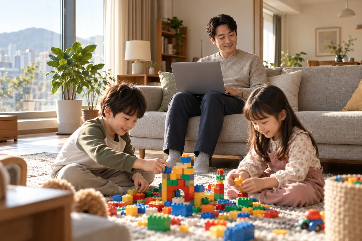 40대 남성이 거실 소파에서 초등학생 자녀 둘이 노는 모습을 보며 노트북으로 정기보험 보험료를 비교하는 장면