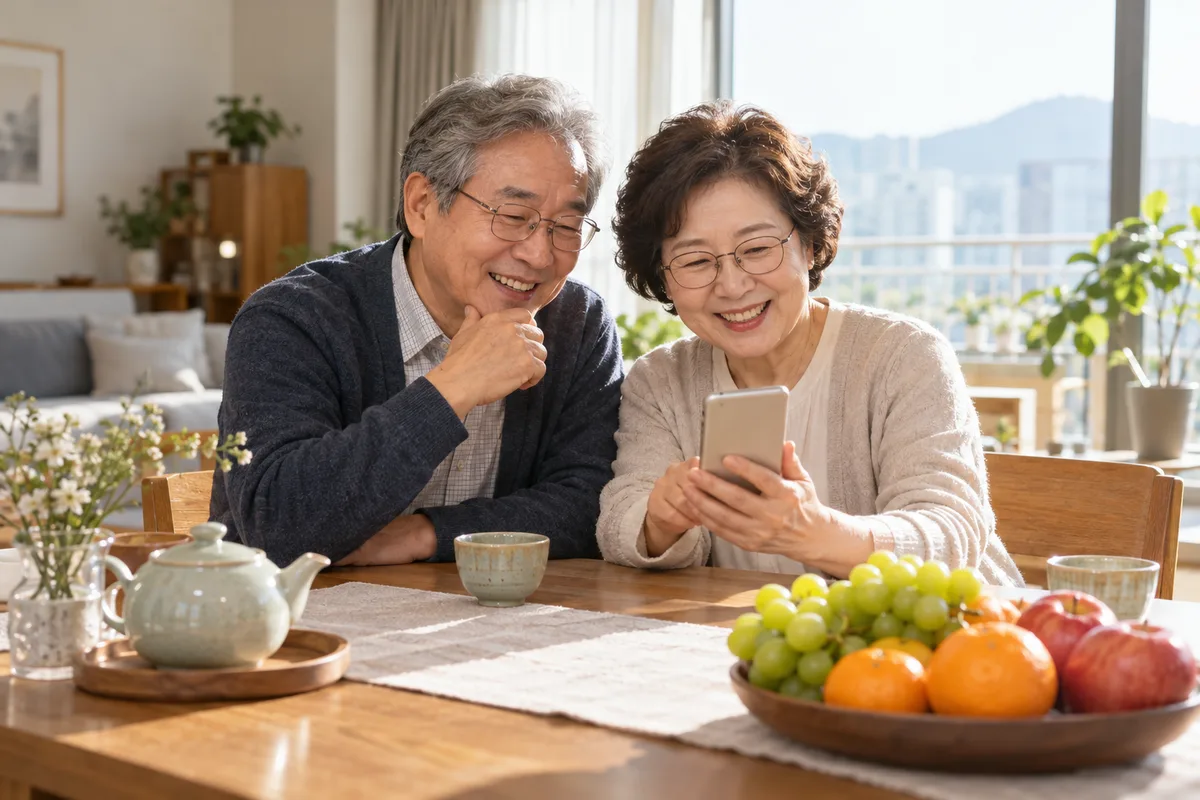 60대 은퇴 부부가 햇살 드는 거실 식탁에서 휴대폰 은행 앱으로 이번 달 연금 입금 내역을 함께 확인하며 웃는 장면