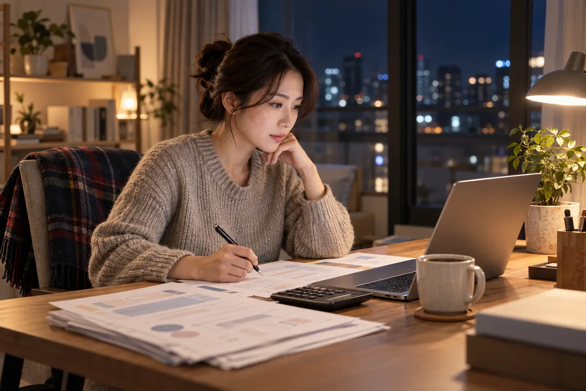 12월 저녁 30대 직장인이 집 책상에서 노트북으로 연말정산 미리보기 화면을 보며 원천징수영수증과 계산기를 옆에 두고 납입액을 계산하는 장면