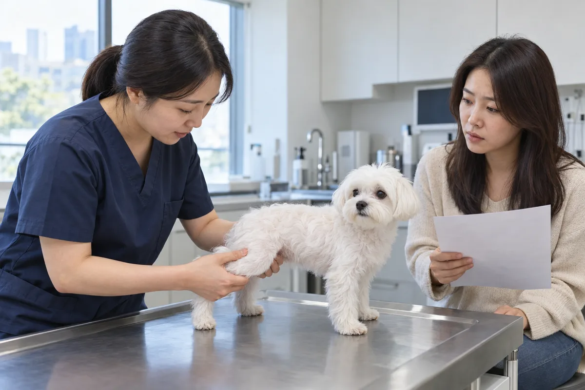 동물병원 진료대 위에 선 작은 흰색 말티즈의 뒷다리를 수의사가 살피고, 옆에서 보호자가 견적서를 들고 설명을 듣고 있다