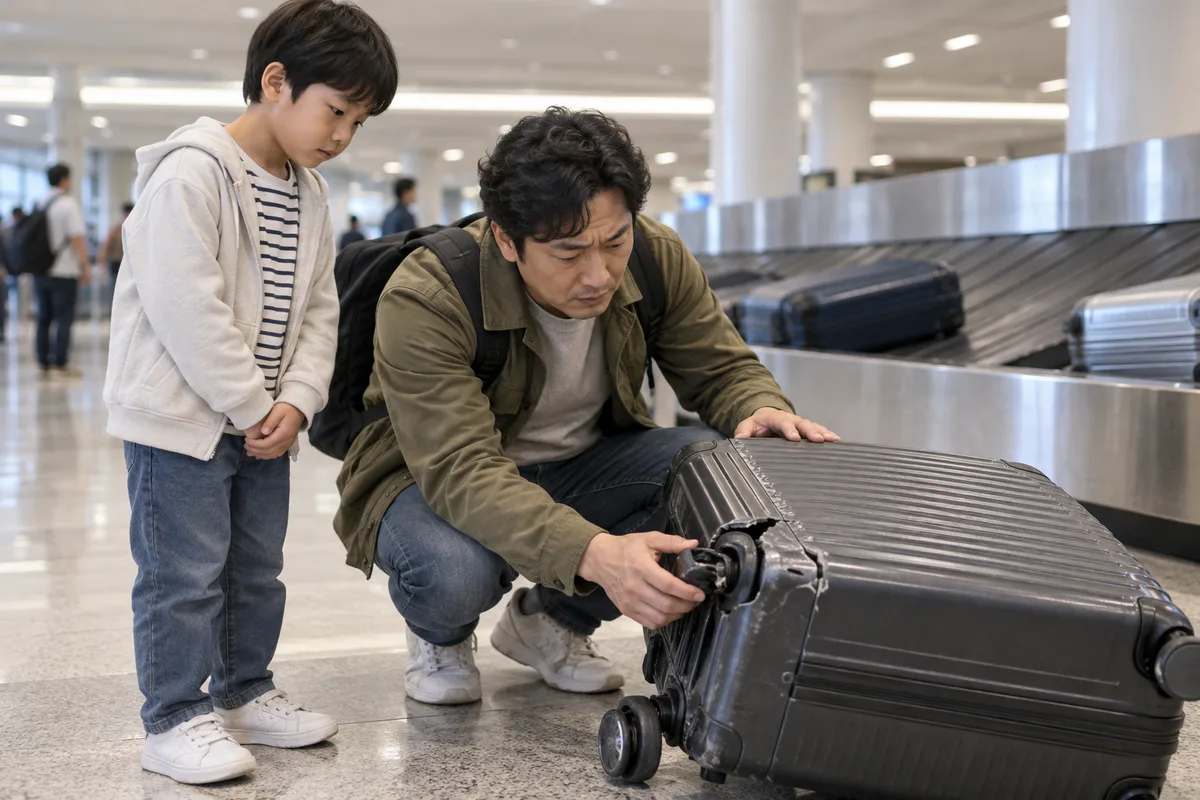 공항 수하물 수취대 옆에서 아버지가 바퀴가 부서진 캐리어를 살펴보고, 아이가 옆에서 지켜보고 있다.