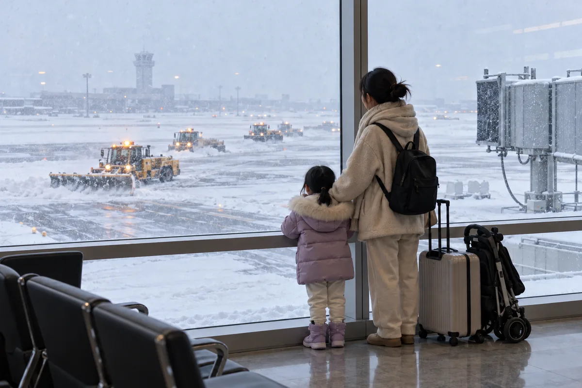 눈 덮인 해외 공항 탑승구 앞에서 엄마와 아이가 창밖 제설 차량을 바라보며 귀국편을 기다리고 있다.