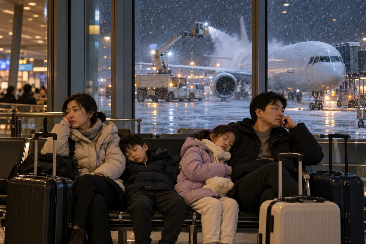 눈이 내리는 밤, 공항 출국장 대형 창 앞에서 가족이 짐을 옆에 두고 지연된 항공편을 기다리고 있다.